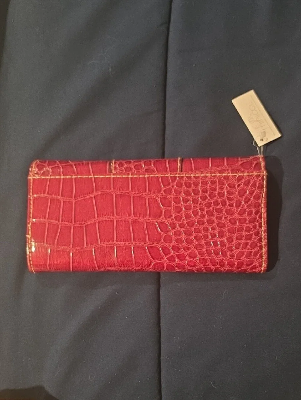 Red Croc-Embossed Clutch Wallet with Silver Accent